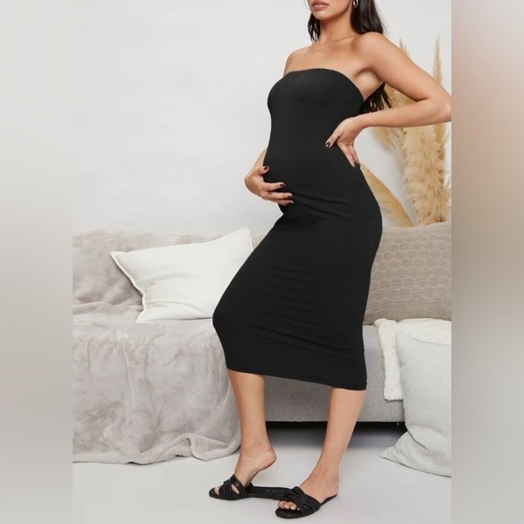 Thyme Maternity Black Strapless Shirred Stretch Jersey Midi Tube Dress - Picture 1 of 9